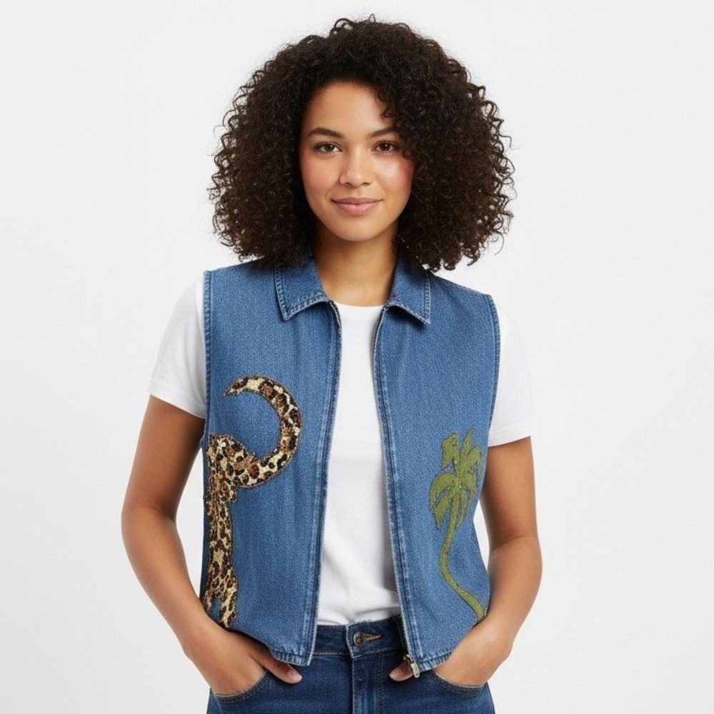 Vintage Safari Denim Vest Large Elephant Beaded Zip Zoo Animal Print Grandma